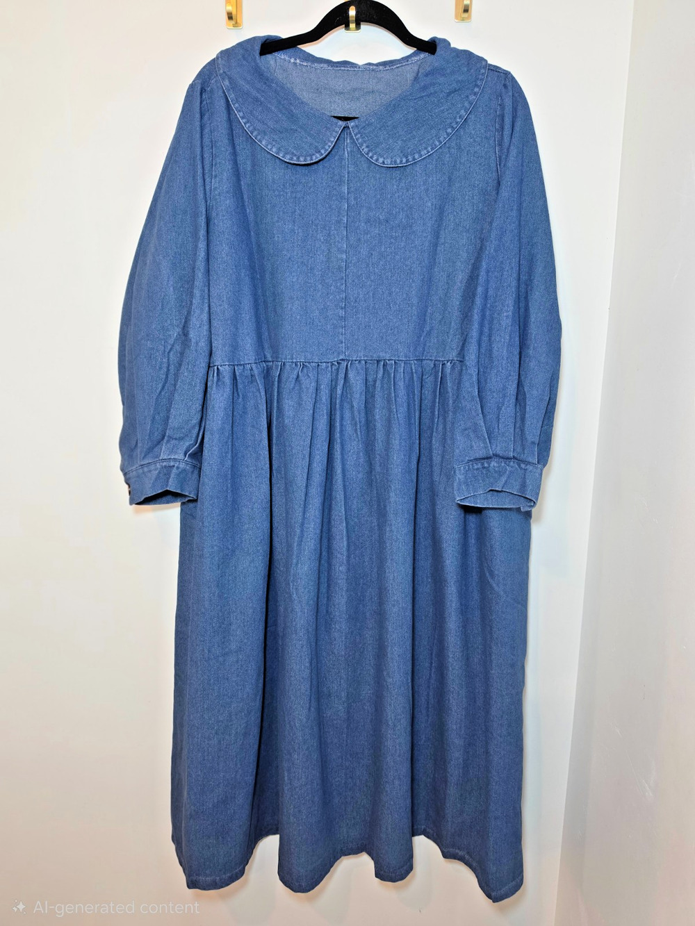 Vintage Denim Midi Dress Peter Pan Collar Pockets Prairie Cottagecore 2X